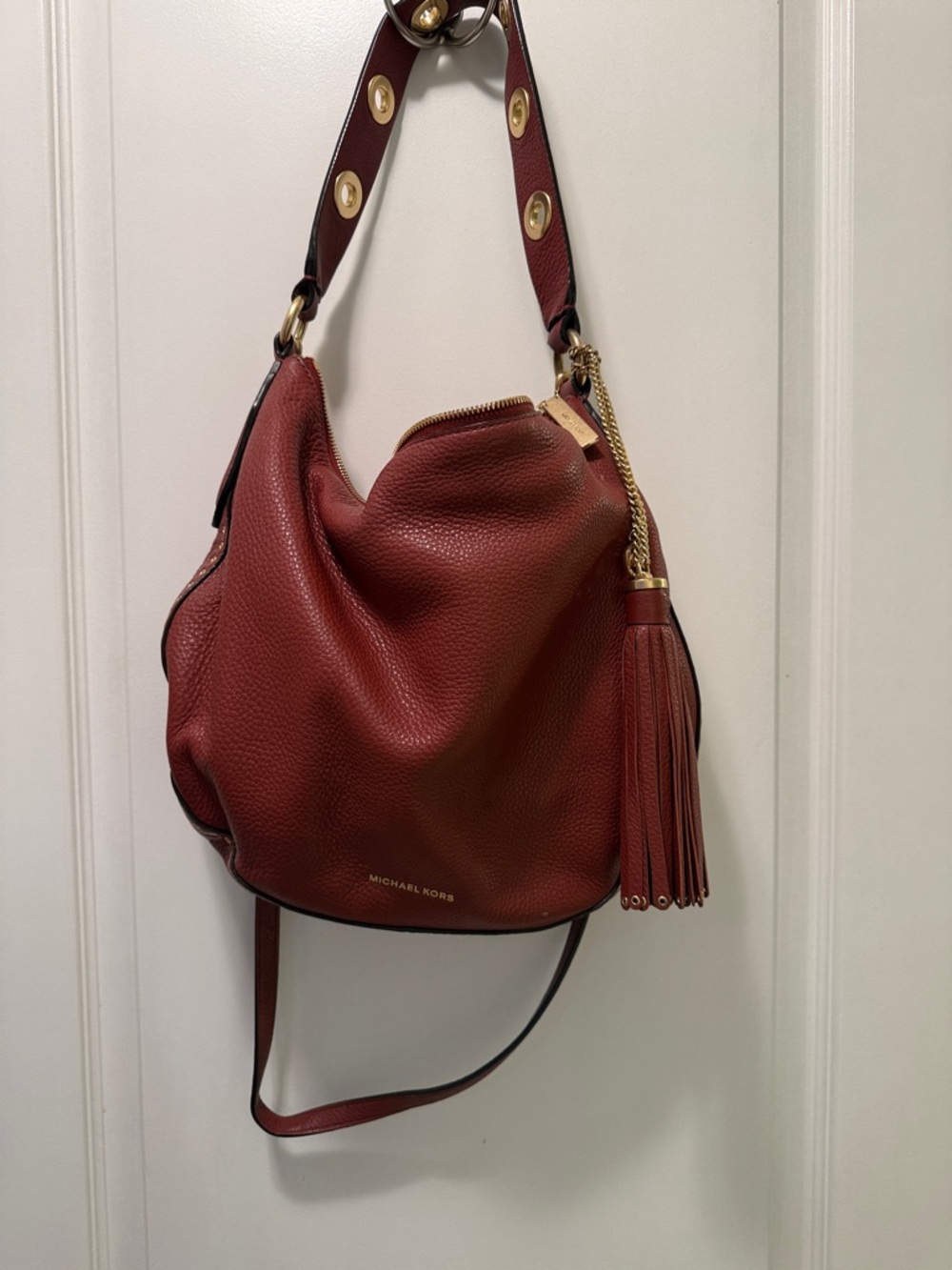 Michael Kors Brick Red Pebbled Leather Hobo with Tassel